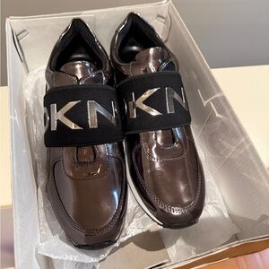 NEW DKNY Metallic Gunmetal Slip-On Sneakers with Black Logo Strap